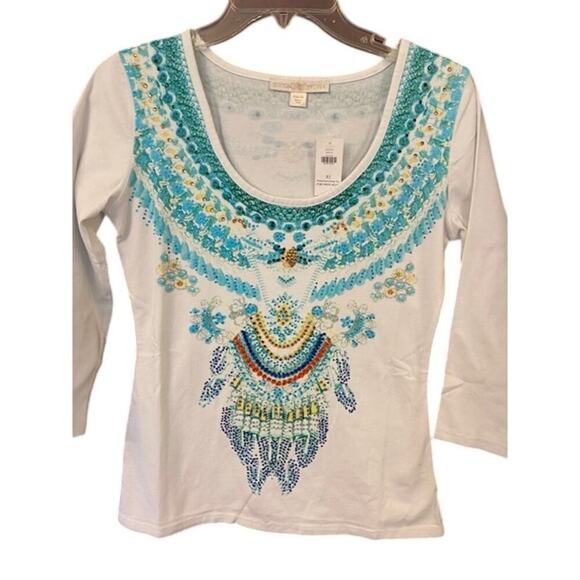Boston Proper Women’s XS Top Gorgeous White and Turquoise Beaded NWTs - Picture 1 of 8